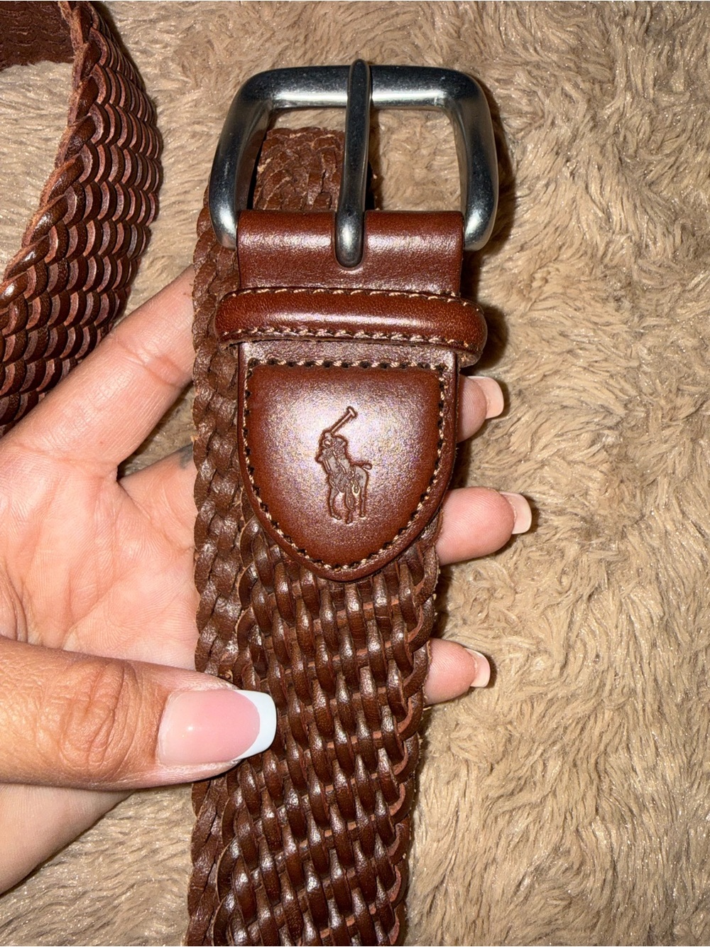 Polo by Ralph Lauren Woven Brown Leather Belt with Silver Buckle